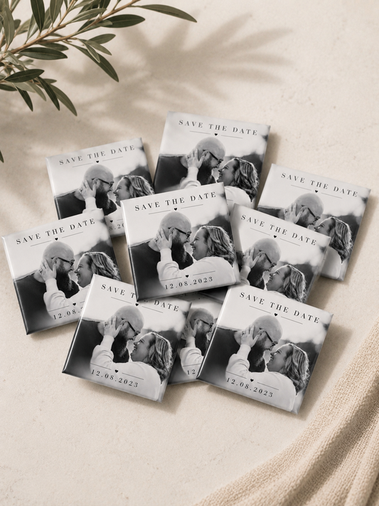 Bulk personalised save the date photo magnets featuring a black and white couple photo, designed as wedding announcement keepsakes for guests in Australia.