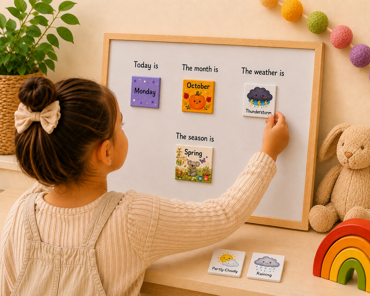 Child using educational magnets on a magnetic board to learn the day, month, season and weather with colourful Little Snapshot Co learning magnets.