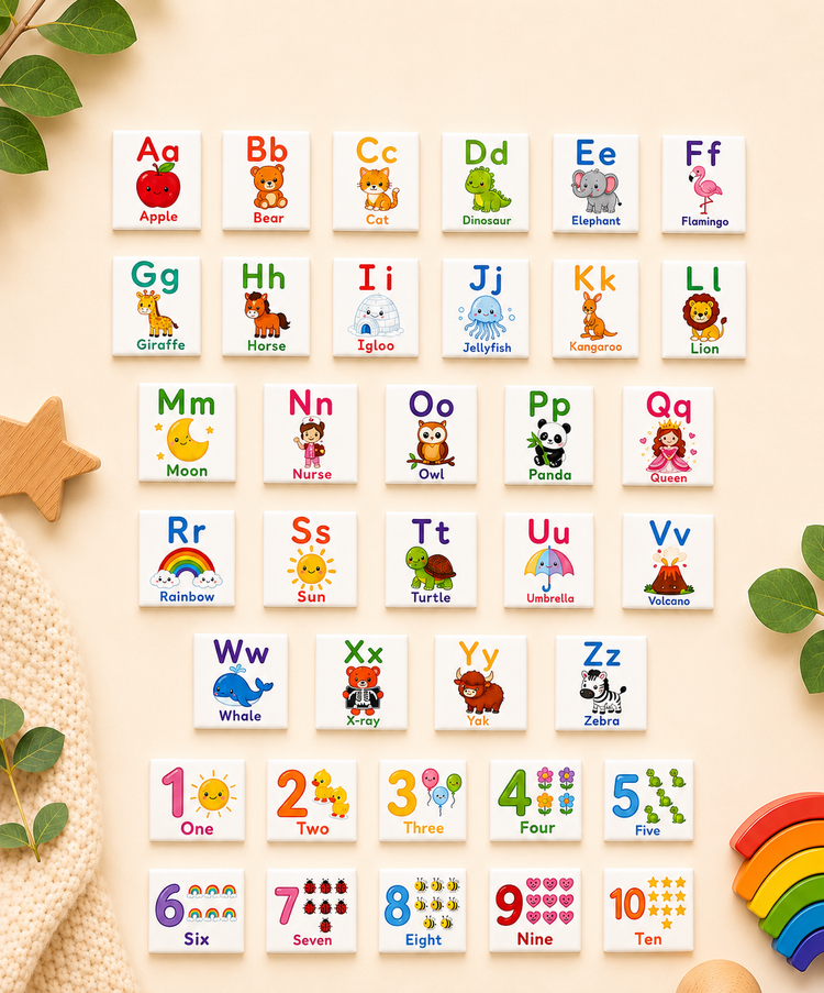 Educational alphabet and number magnets for kids featuring uppercase and lowercase letters, numbers 1–10 and colourful illustrations by Little Snapshot Co.