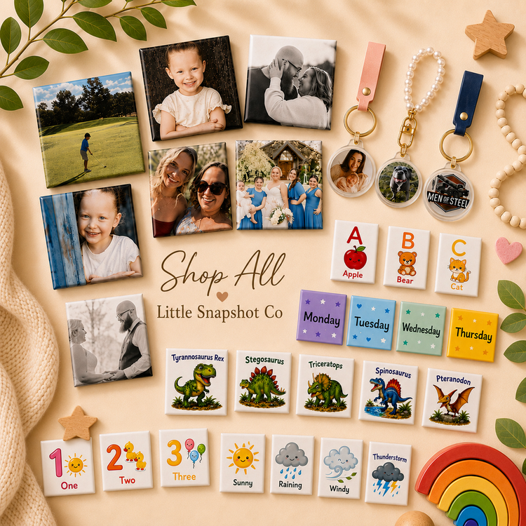 Little Snapshot Co collection of personalised photo magnets, photo keyrings and educational magnets for kids including alphabet, numbers, days, dinosaurs and weather learning sets.