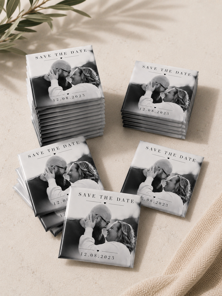 Bulk personalised save the date photo magnets for weddings, featuring a black and white couple photo and wedding date, ideal for wedding invitations in Australia.