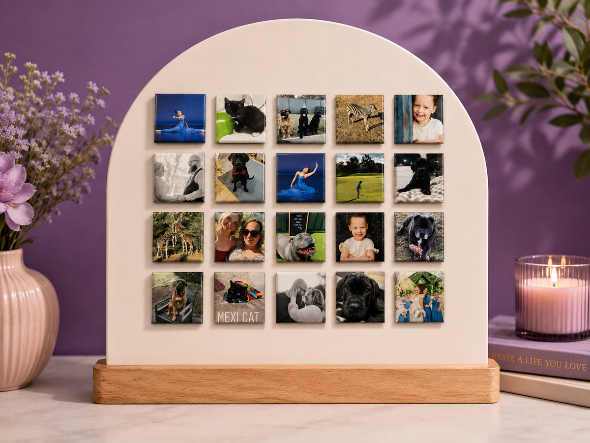 High-quality personalised family photo magnets displaying pet, family and special memory photos, printed in Australia by Little Snapshot Co.