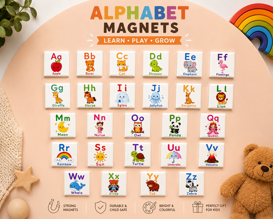 Educational alphabet magnets featuring uppercase and lowercase letters with colourful illustrations for preschool and kindergarten learning by Little Snapshot Co.