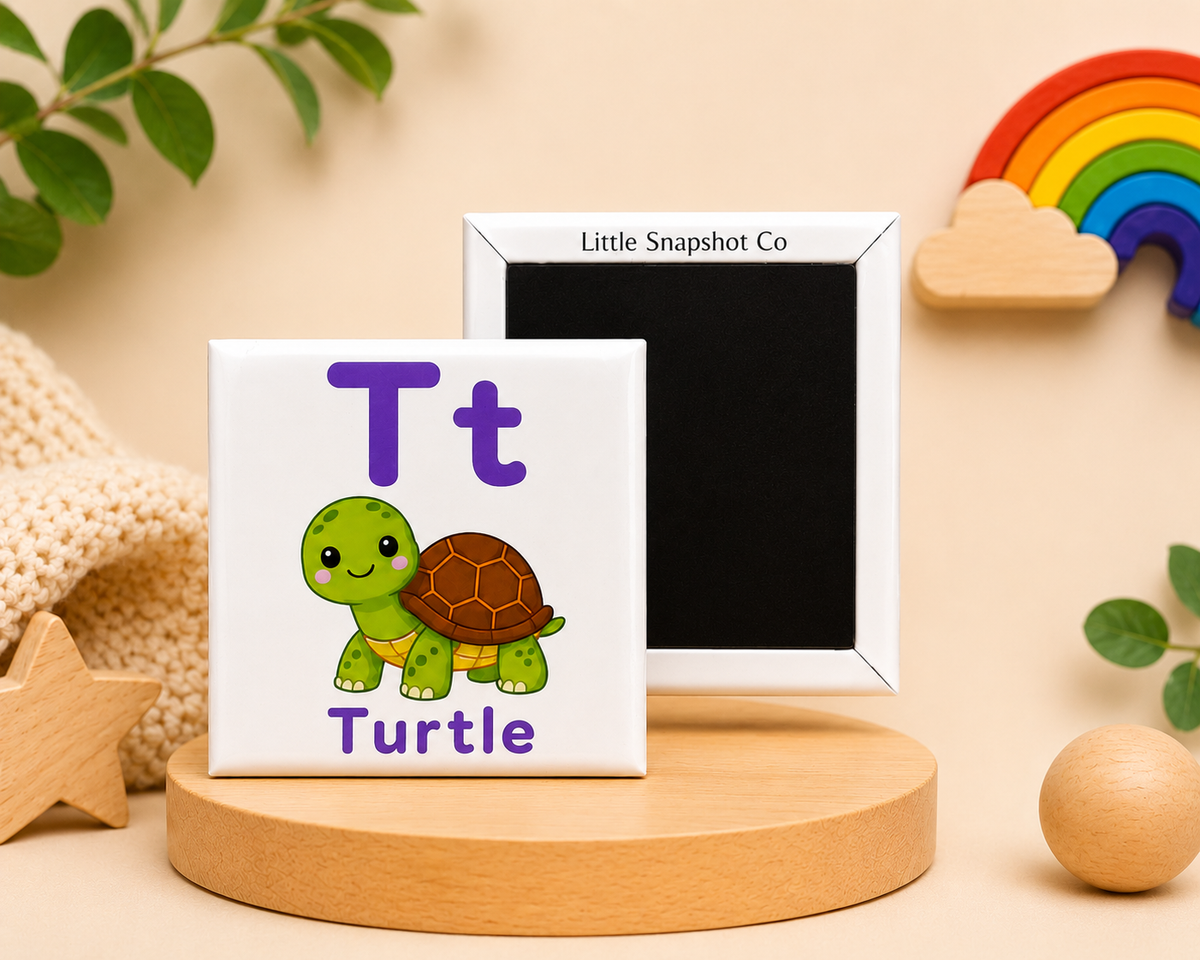 Educational alphabet magnet featuring the uppercase and lowercase letter T with a turtle illustration for early literacy learning by Little Snapshot Co.
