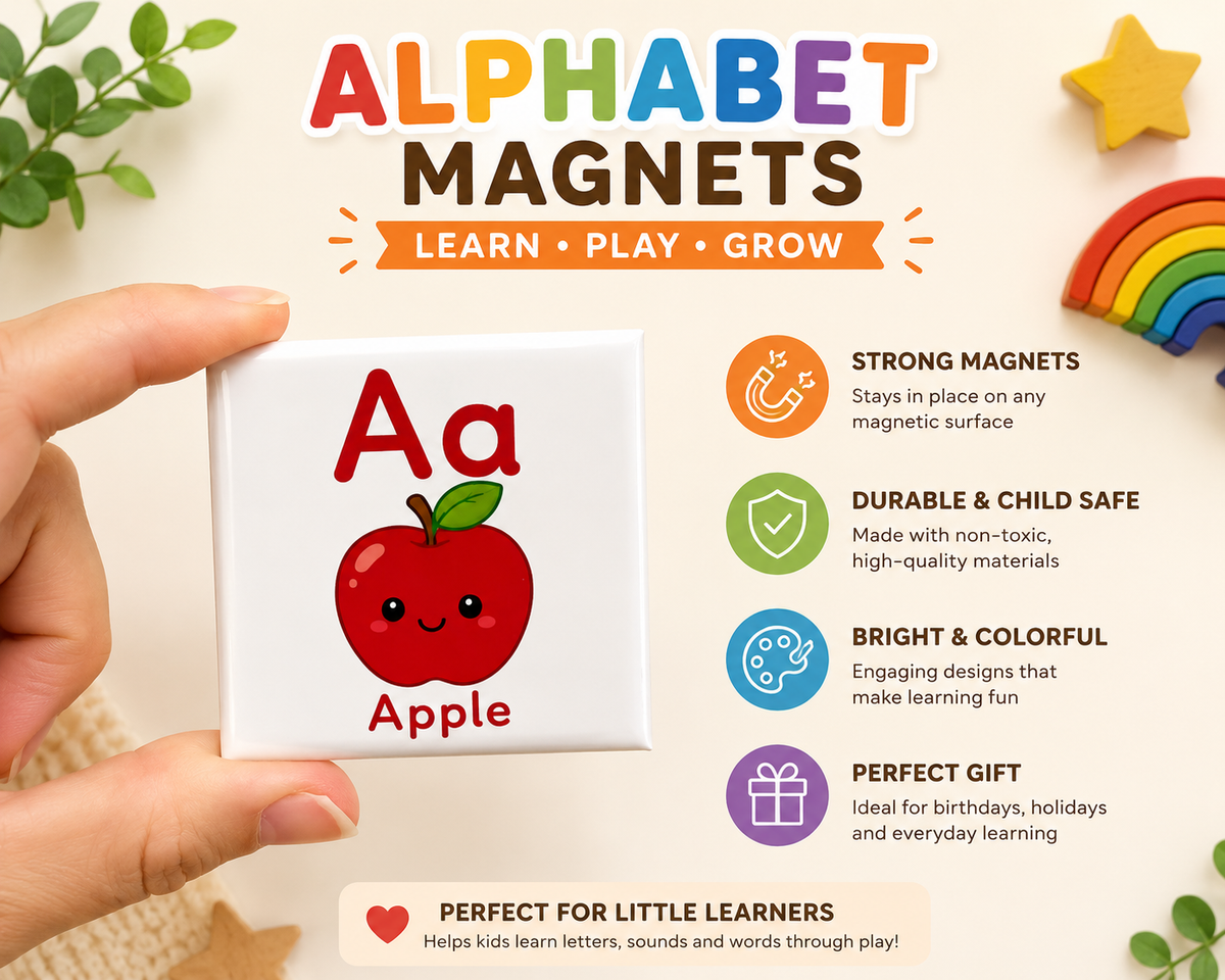 Educational alphabet magnets for kids featuring uppercase and lowercase letters to support preschool, kindergarten and early literacy learning by Little Snapshot Co.