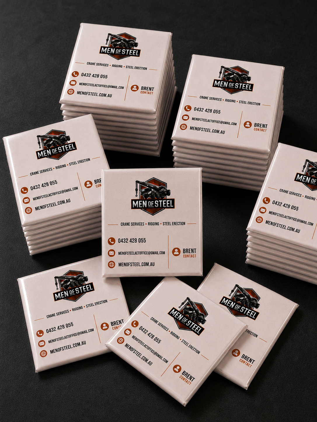 Bulk custom business magnets featuring company logo and contact details, ideal promotional magnets for trades, small businesses, corporate branding and client giveaways in Australia.