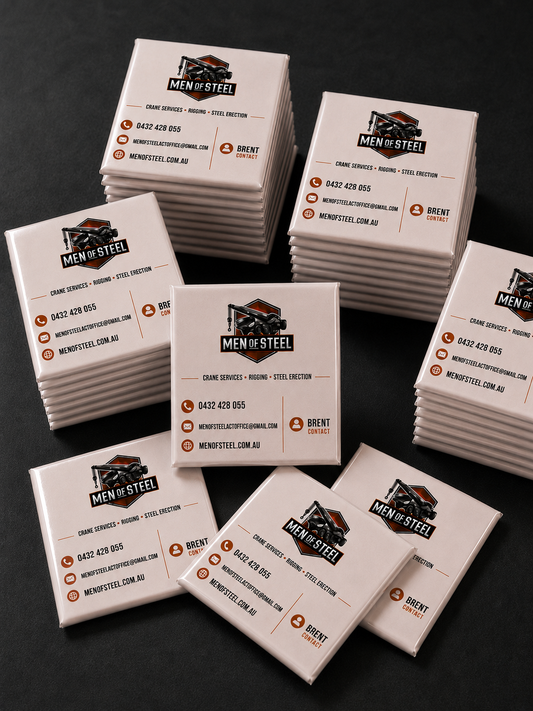 Bulk custom business magnets featuring company logo and contact details, ideal promotional magnets for trades, small businesses, corporate branding and client giveaways in Australia.