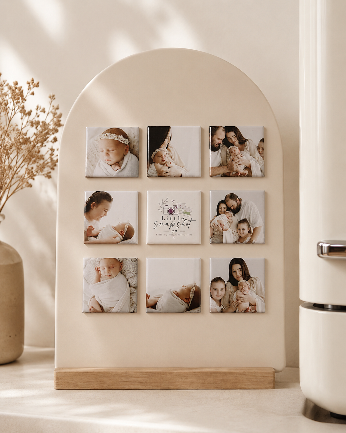 Personalised square photo magnets with family photos, handmade in Australia by Little Snapshot Co.