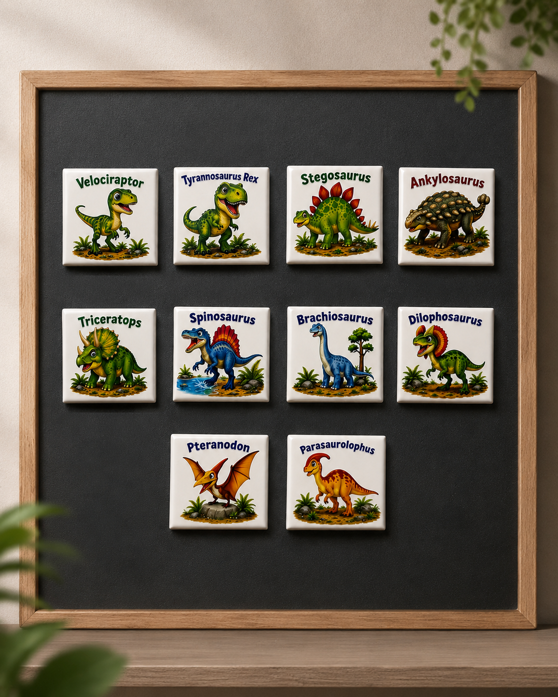 Educational dinosaur magnets for kids featuring 10 popular dinosaurs to encourage preschool learning and dinosaur recognition by Little Snapshot Co.