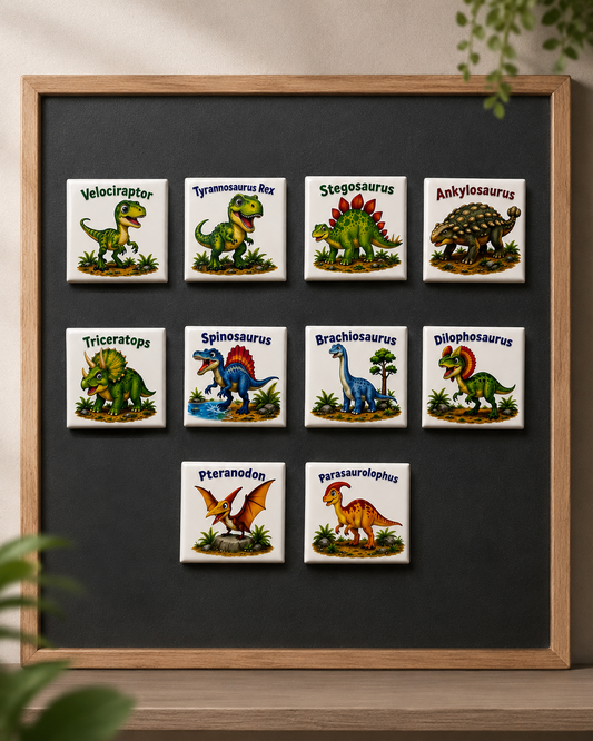 Educational dinosaur magnets for kids featuring 10 popular dinosaurs to encourage preschool learning and dinosaur recognition by Little Snapshot Co.
