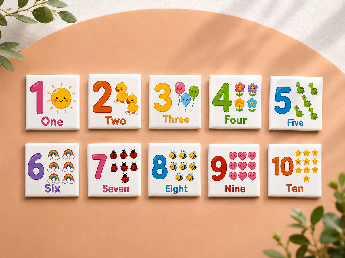 Educational counting number magnets 1 to 10 for kids with colourful illustrations to teach numbers, counting and number recognition in preschool, kindergarten and homeschool.