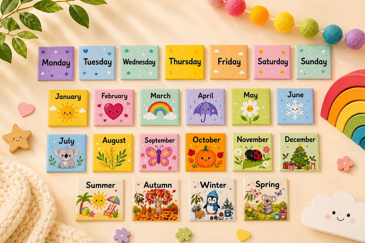 Educational days, months and seasons magnets for kids featuring weekdays, months of the year and the four seasons for calendar learning, preschool, kindergarten and homeschool.