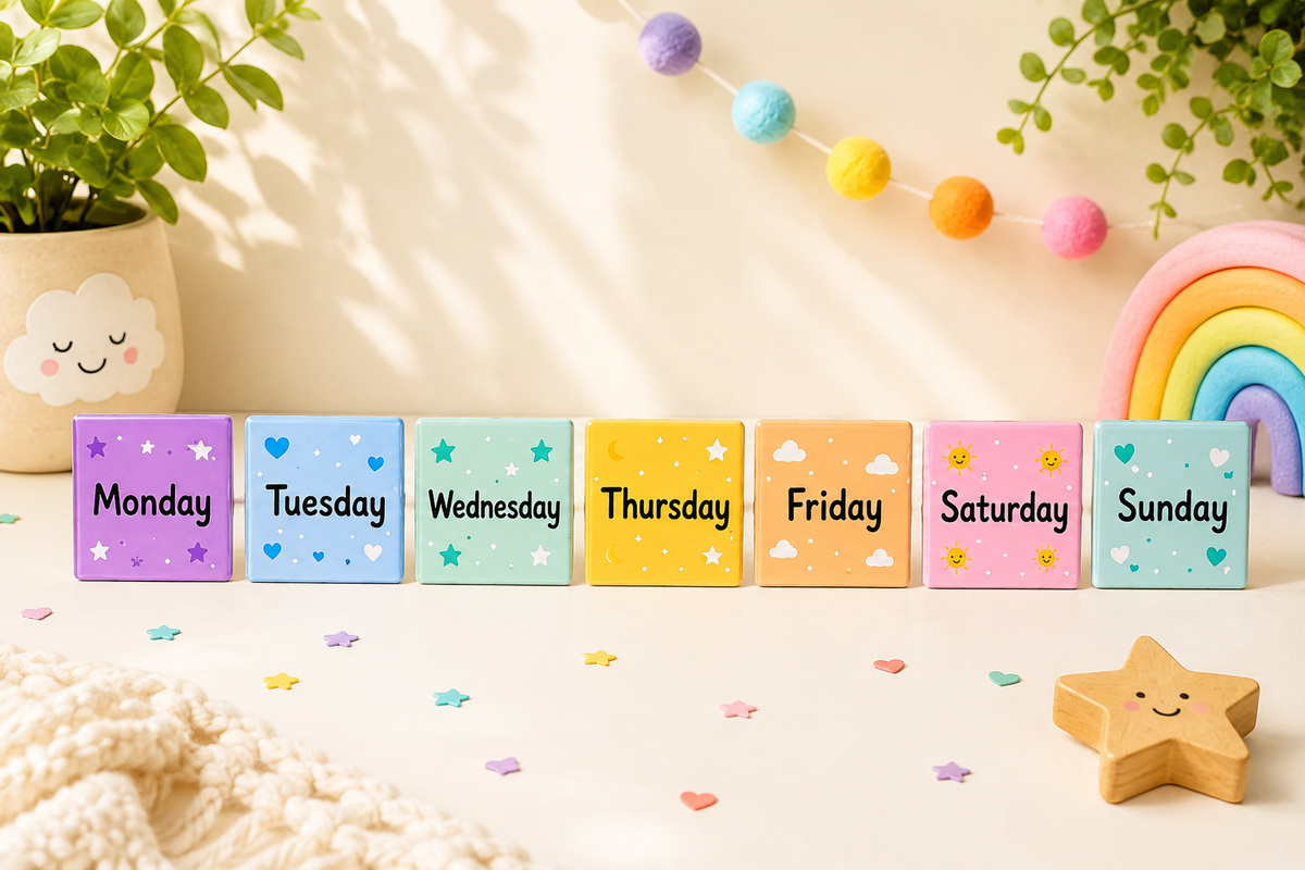 Educational days of the week magnets for kids featuring Monday through Sunday, designed to teach the days of the week through hands-on learning and play.