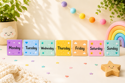 Educational days of the week magnets for kids featuring Monday through Sunday, designed to teach the days of the week through hands-on learning and play.