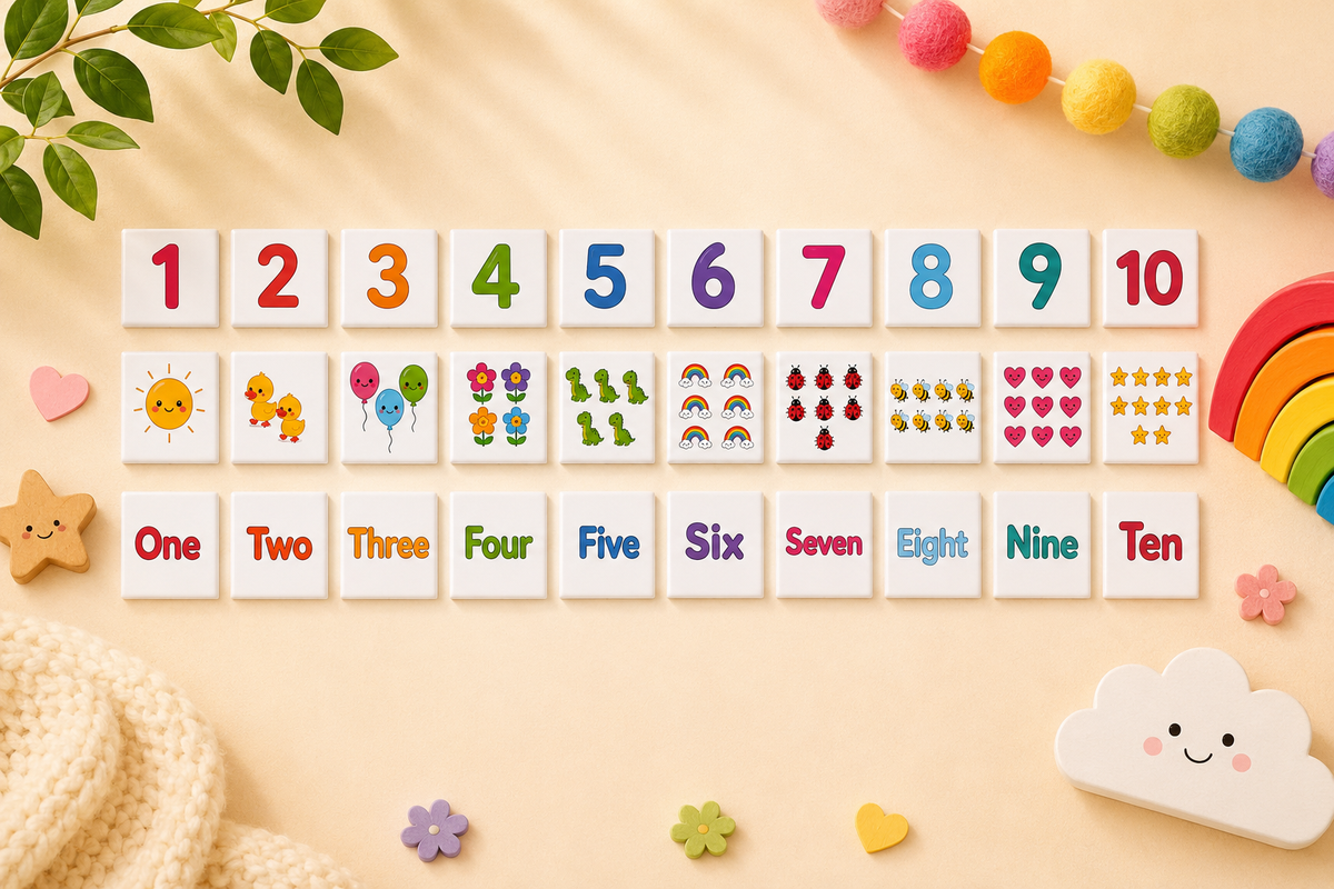 Educational learn to count magnets 1 to 10 complete set featuring numbers, number words and matching illustrations to teach counting, number recognition and early maths skills.