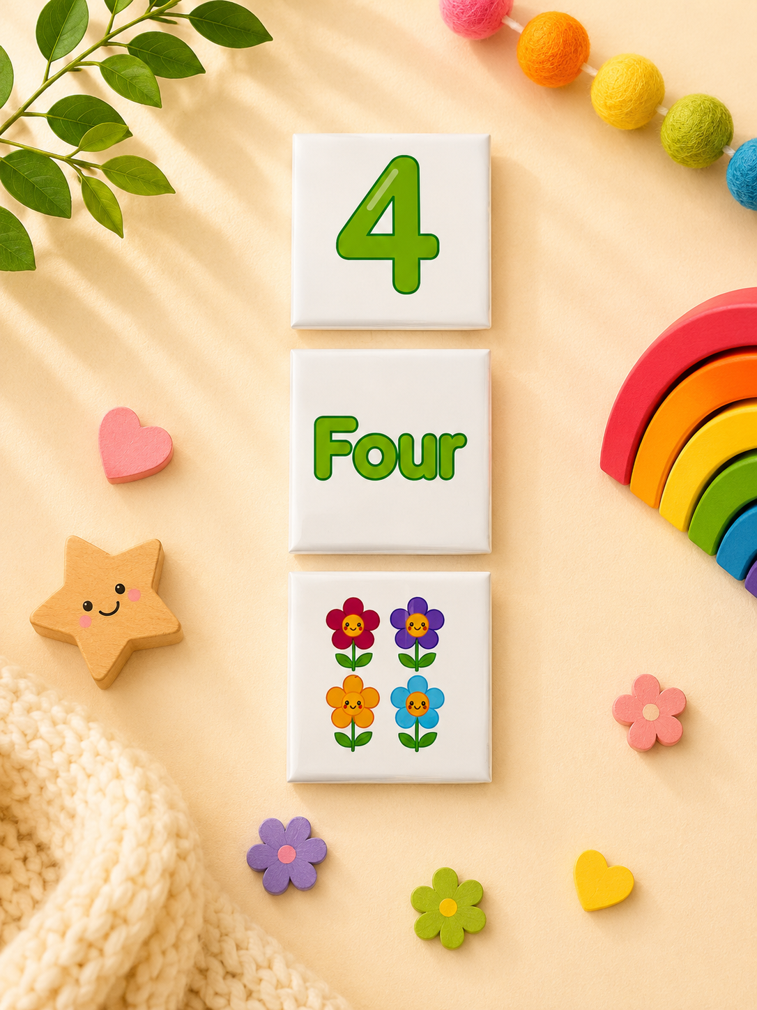 Educational learn to count magnets featuring the number 4, four word and 4 flowers to teach counting, number recognition and early maths skills.