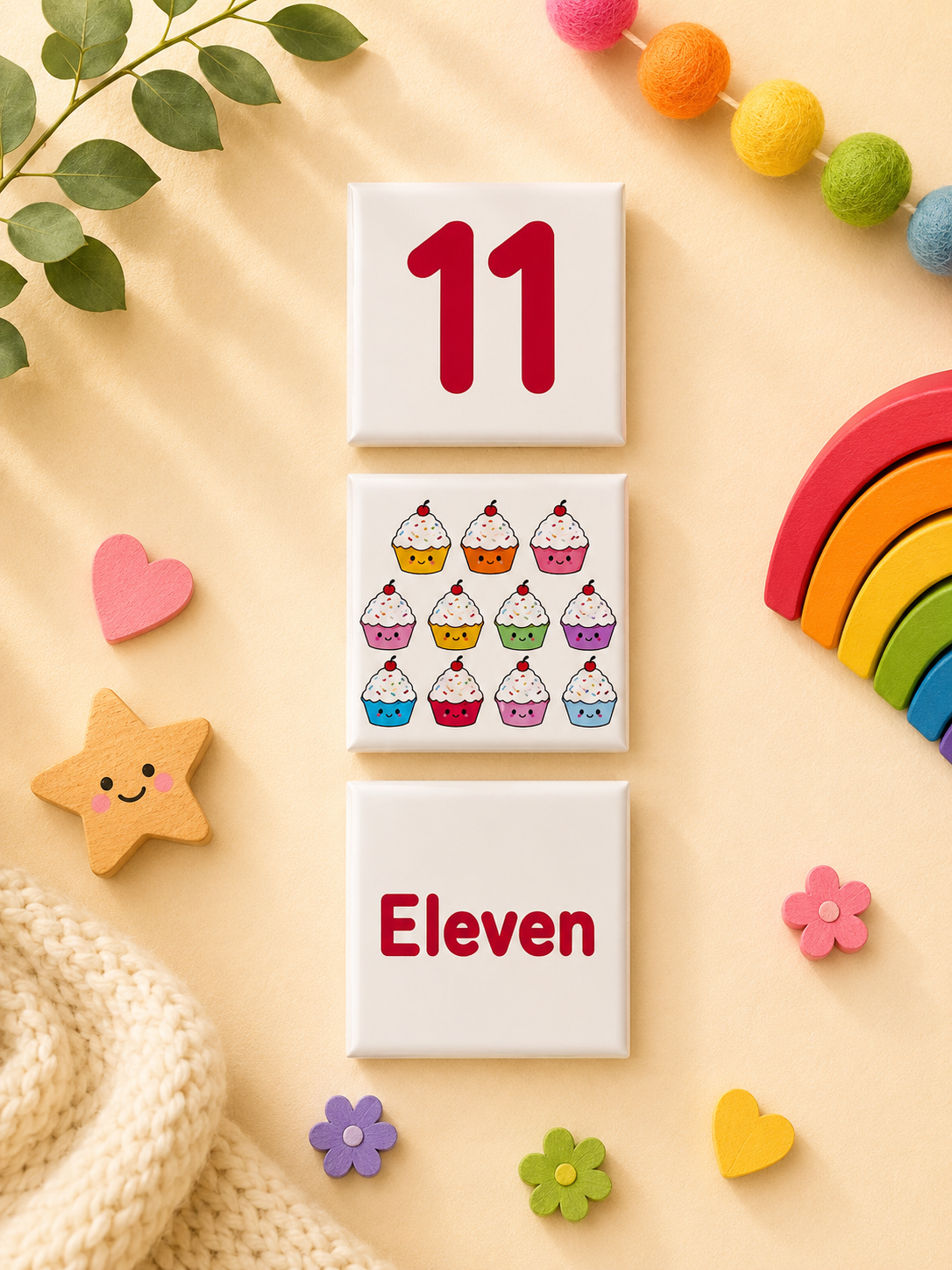 Educational learn to count magnets featuring the number 11, eleven word and 11 cupcakes to teach counting, number recognition and early maths skills.