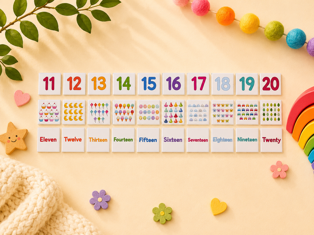 Educational learn to count magnets 11 to 20 for kids featuring numbers, number words and matching illustrations to teach counting, number recognition and early maths skills.