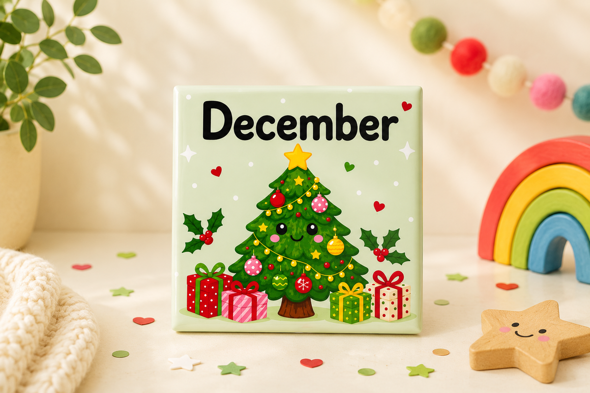 Educational December month magnet for kids featuring a Christmas tree, designed to teach months of the year through play.