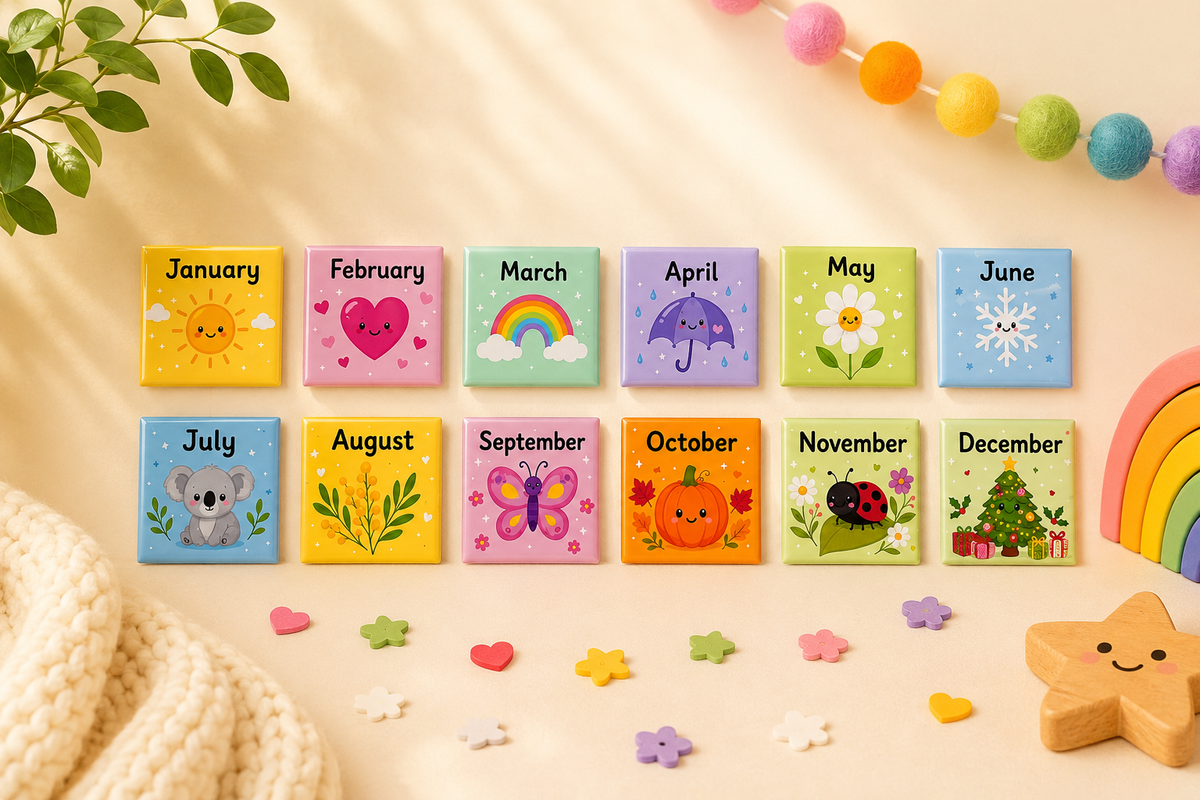 Educational months of the year magnets for kids featuring January to December, designed for early learning, calendar skills and classroom or homeschool use.