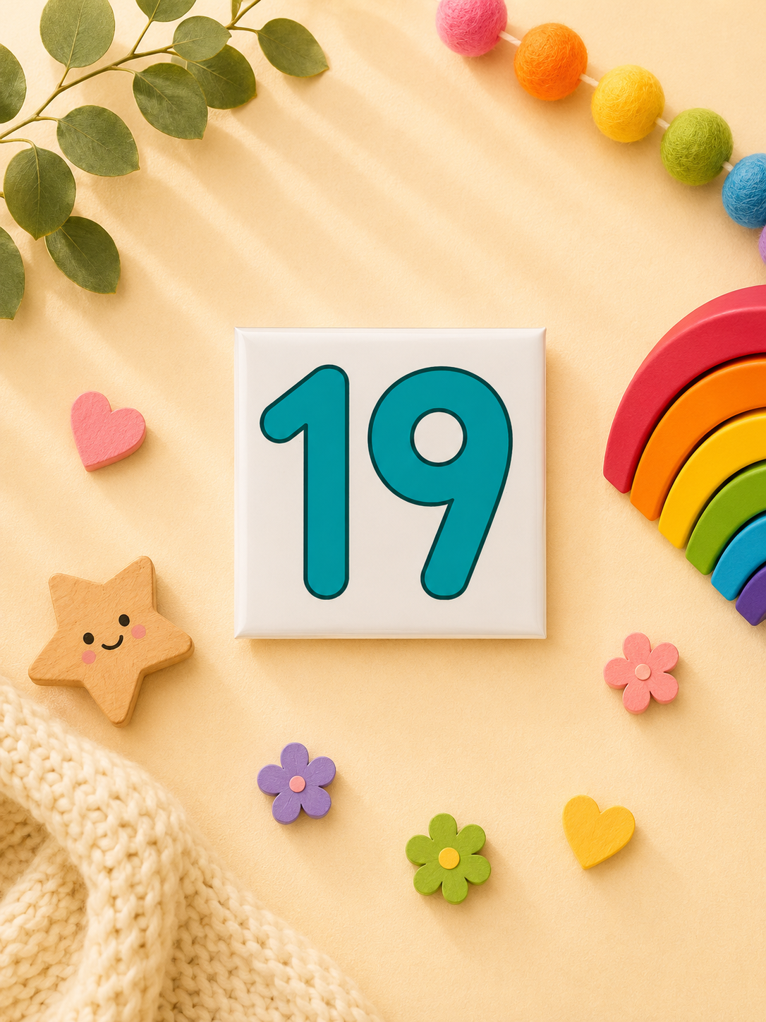 Educational number 19 magnet for kids designed to teach number recognition, counting and early maths skills for preschool, kindergarten and homeschool.