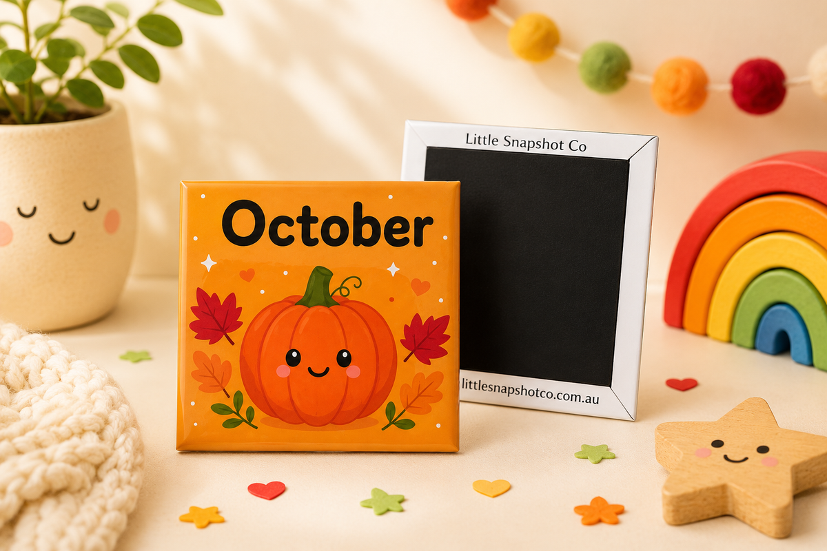 Educational October month magnet for kids featuring a pumpkin, designed to teach months of the year through play.