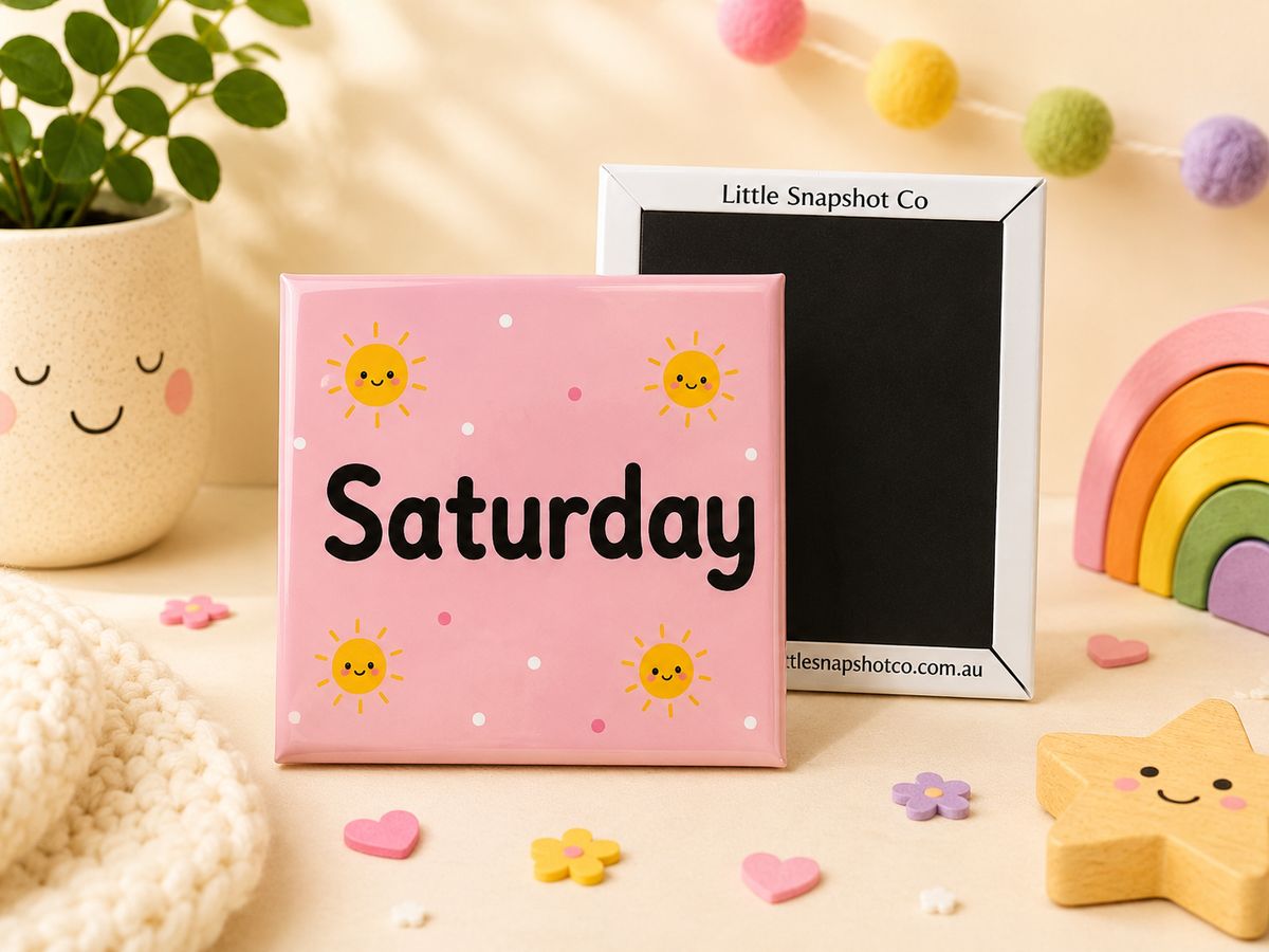 Educational Saturday magnet for kids featuring sunshine illustrations, designed to teach days of the week through play.