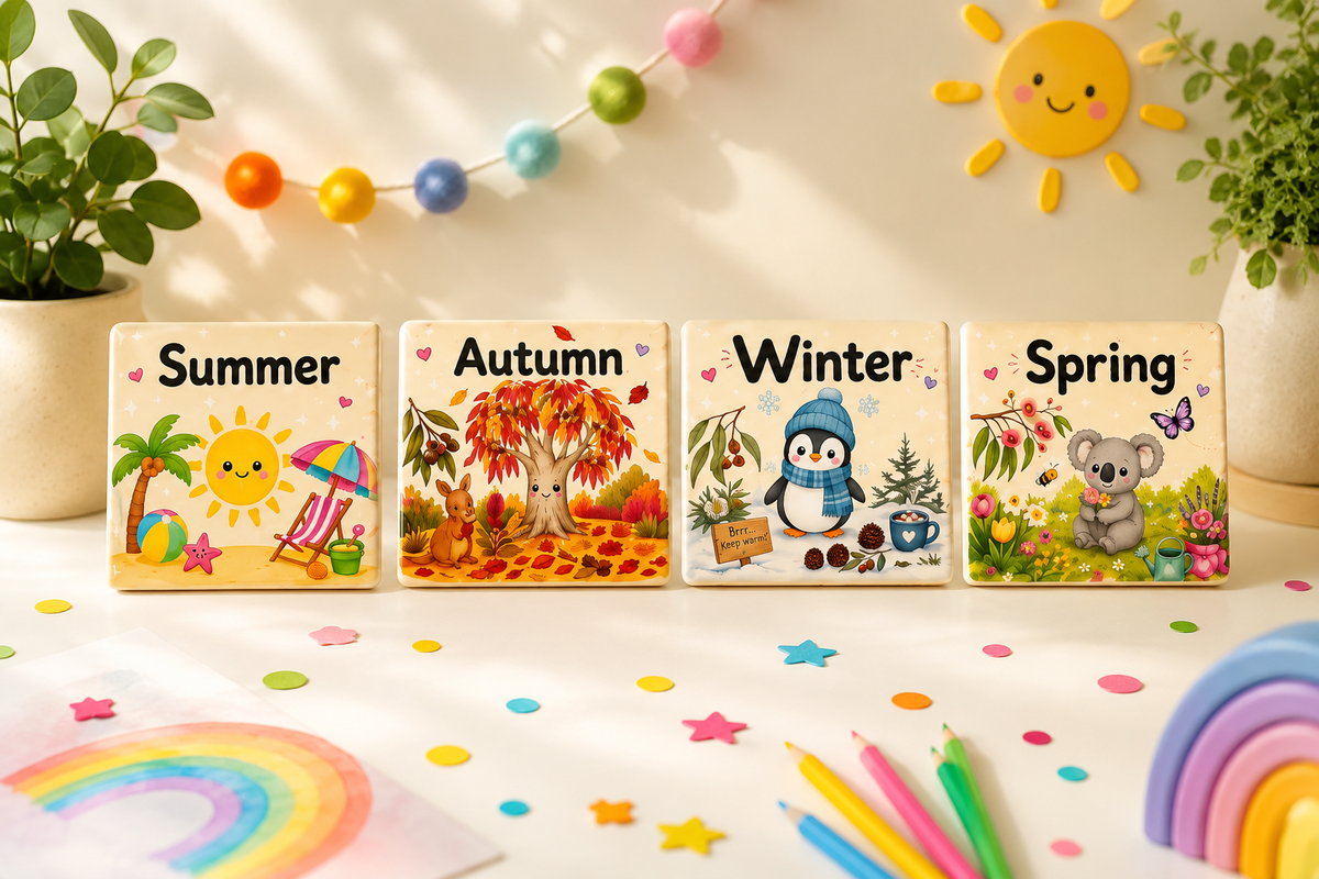Educational seasons magnets for kids featuring Summer, Autumn, Winter and Spring, designed to teach the four seasons through hands-on learning and play.