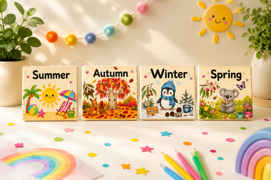 Educational seasons magnets for kids featuring Summer, Autumn, Winter and Spring, designed to teach the four seasons through hands-on learning and play.