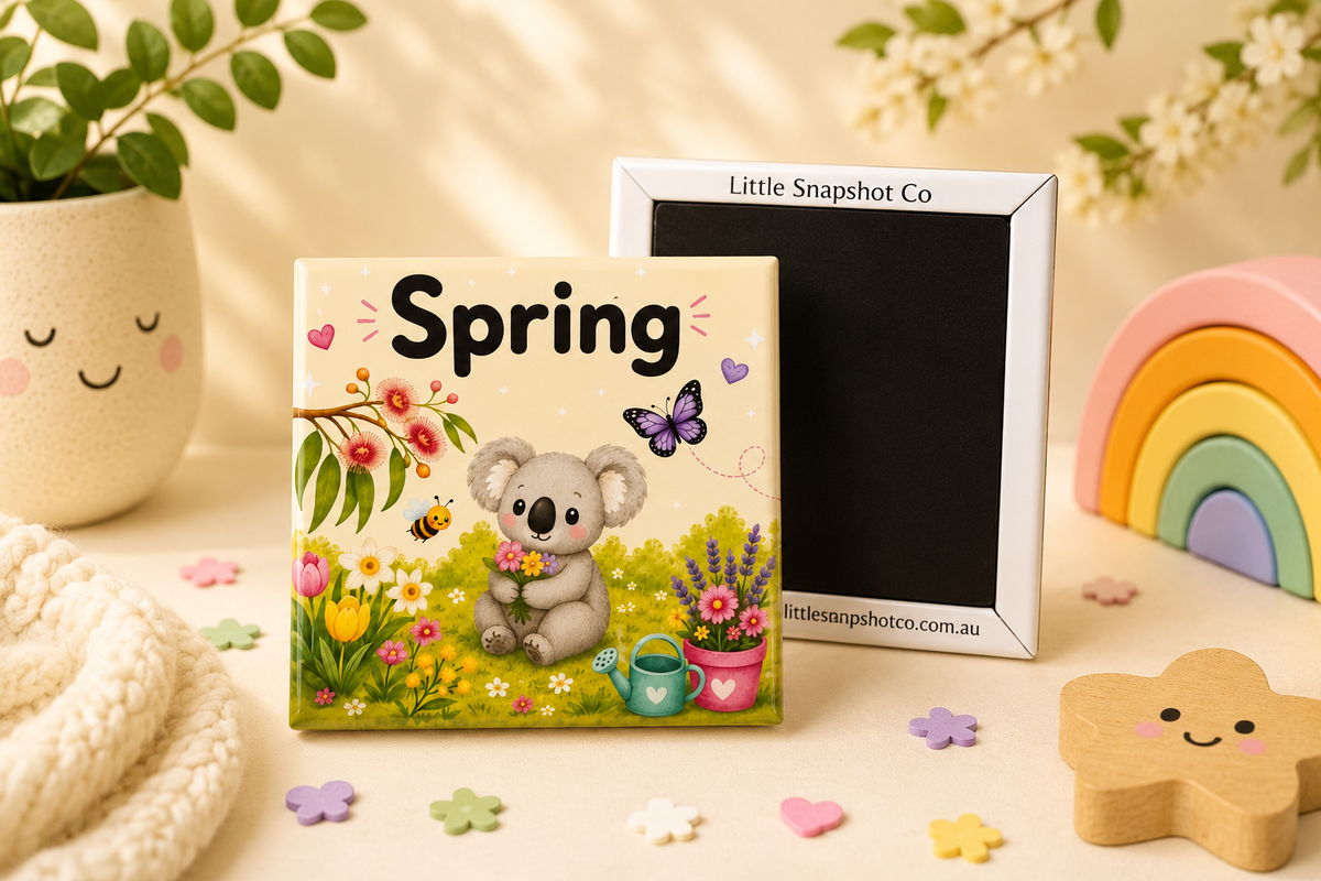 Educational Spring season magnet for kids featuring a koala, flowers and butterflies, designed to teach the four seasons through play.
