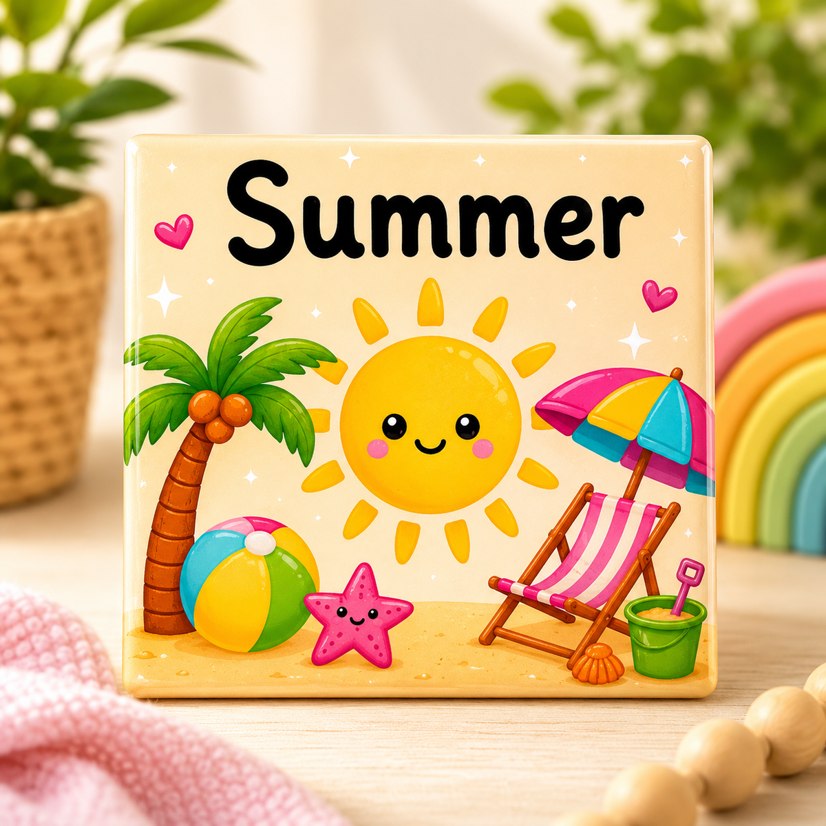 Educational Summer season magnet for kids featuring a sun, beach and palm tree, designed to teach the four seasons through play.