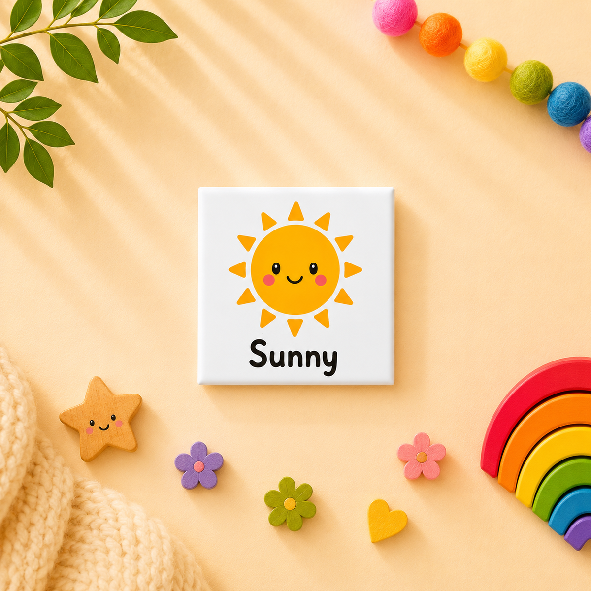 Educational Sunny weather magnet for kids featuring a smiling sun on a white background. Perfect for teaching weather recognition, daily routines, vocabulary and preschool learning.