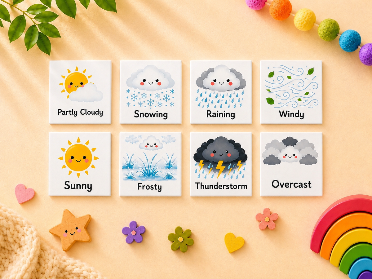 Educational Australian weather magnets for kids featuring Sunny, Partly Cloudy, Overcast, Windy, Raining, Snowing, Frosty and Thunderstorm to teach weather recognition, vocabulary and daily learning routines.