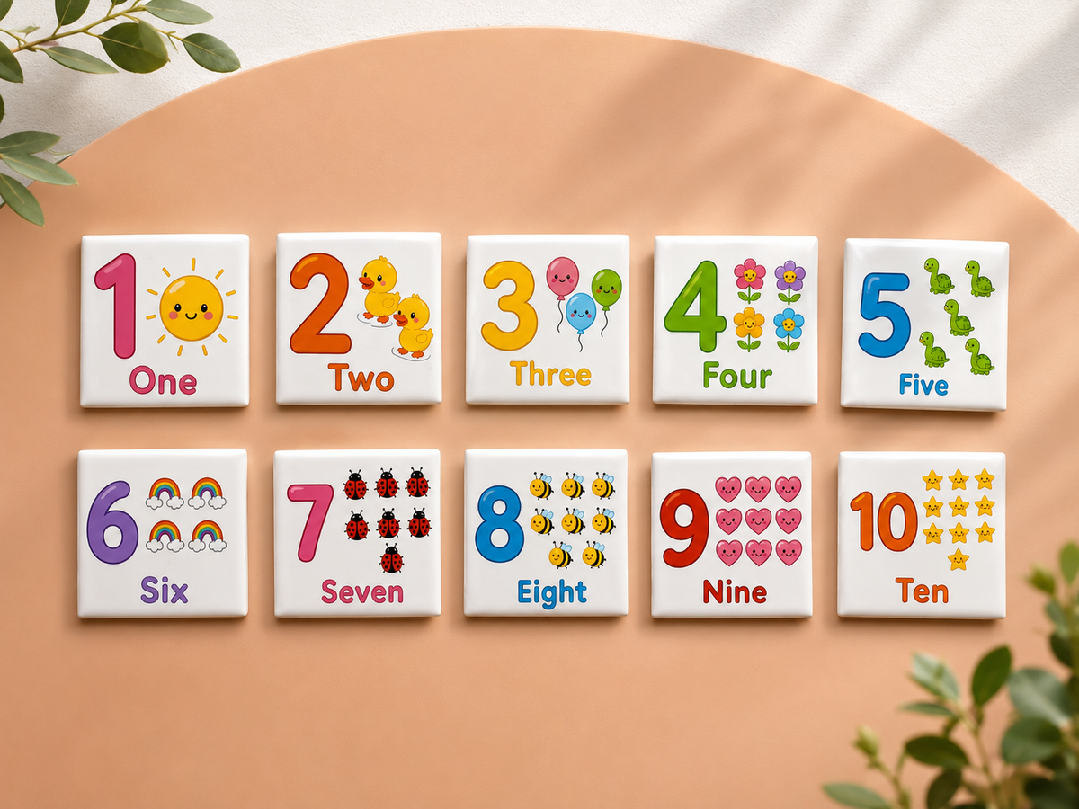 Educational number magnets 1 to 10 featuring numerals, number words and counting illustrations for preschool maths learning by Little Snapshot Co.