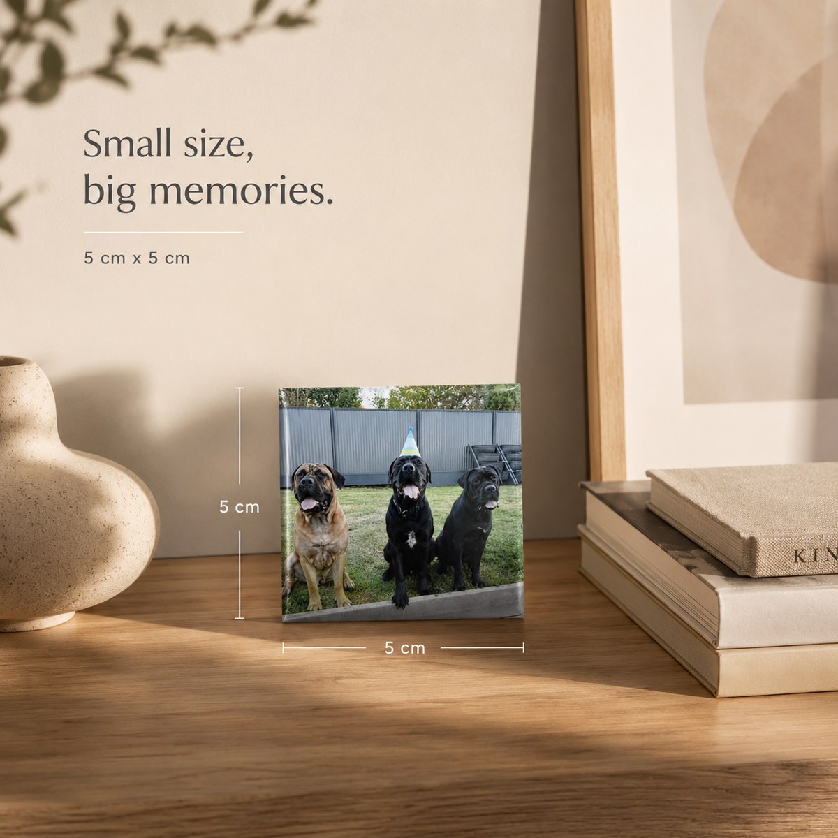 Personalised 5x5 cm square photo magnet showing the finished size, printed in Australia by Little Snapshot Co.