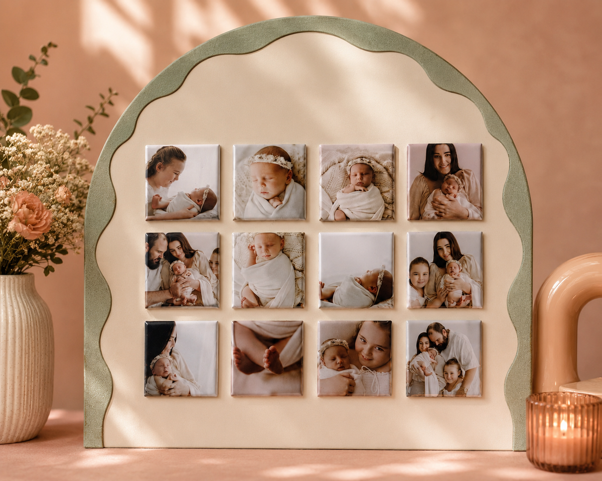 Personalised newborn photo magnets displaying baby’s first moments and family memories, printed in Australia by Little Snapshot Co.
