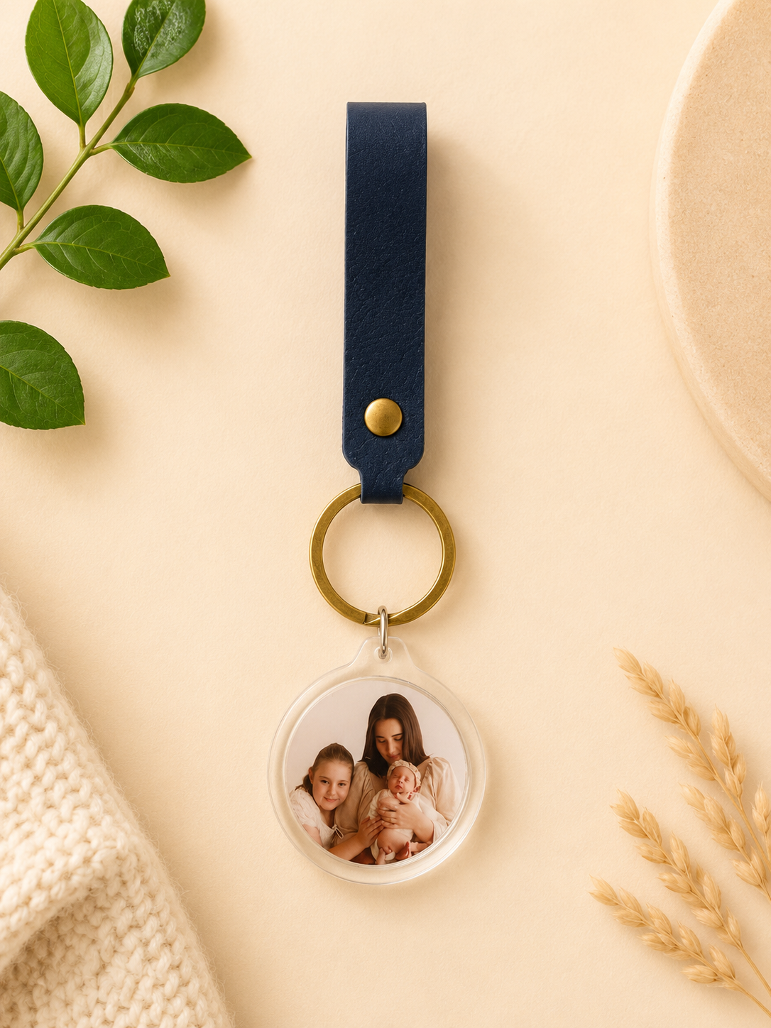 Personalised family photo keychain with a custom family picture and blue leather strap, a meaningful keepsake gift by Little Snapshot Co.
