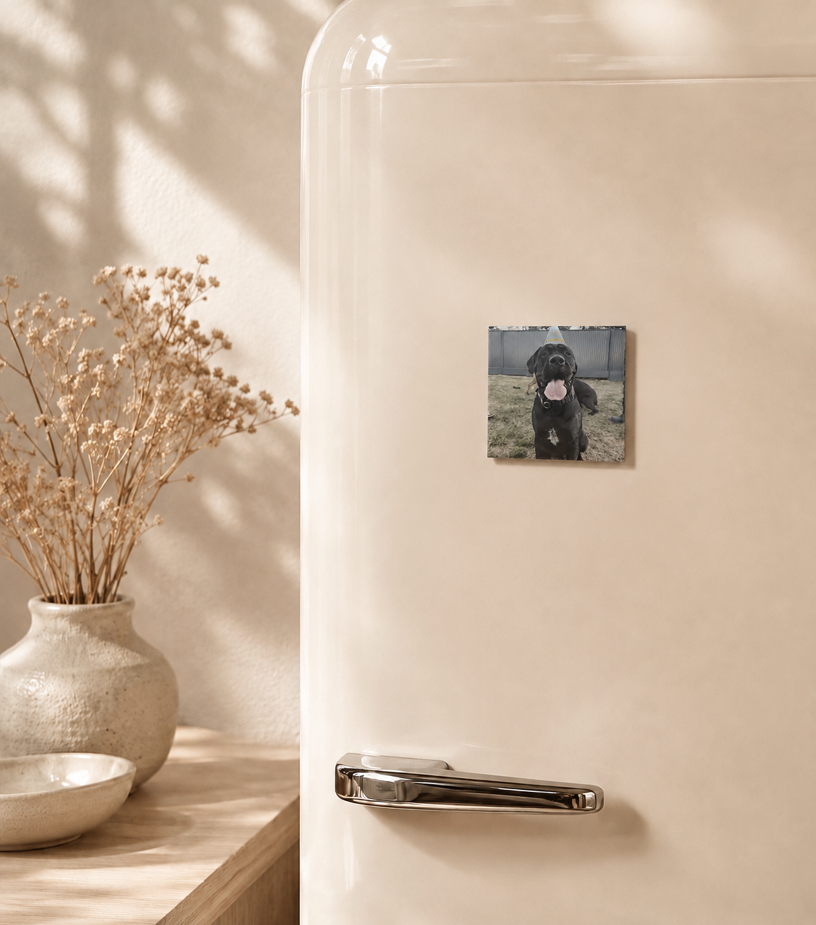Personalised pet photo magnet featuring a dog photo displayed on a refrigerator, printed in Australia by Little Snapshot Co