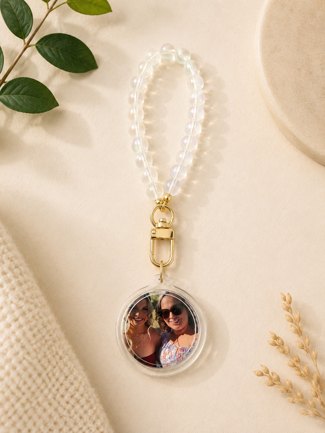 Personalised photo keychain with pearl wristlet featuring a custom photo, a thoughtful personalised gift by Little Snapshot Co.