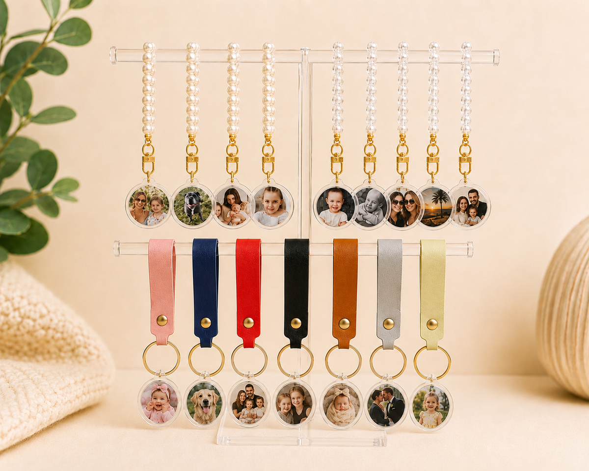 Personalised photo keyrings with leather straps, pearl beads and clear crystal beads, featuring custom family, pet and wedding photos in Australia.