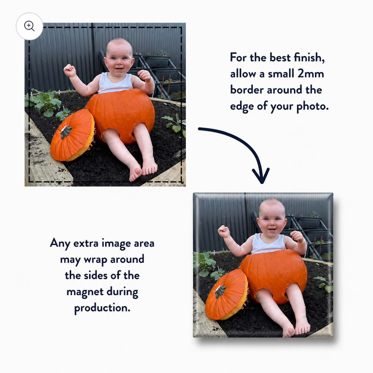 Guide showing how to allow a 2 mm border around your photo for the best personalised photo magnet finish from Little Snapshot Co.