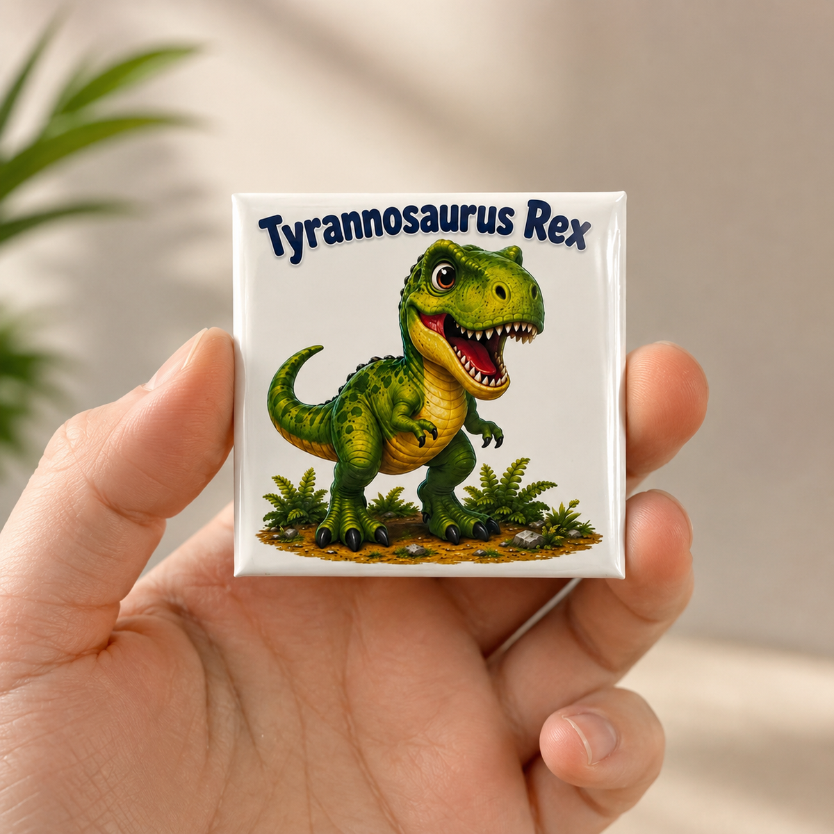 Tyrannosaurus Rex dinosaur magnet for kids featuring a colourful T-Rex illustration for preschool learning and dinosaur recognition by Little Snapshot Co.